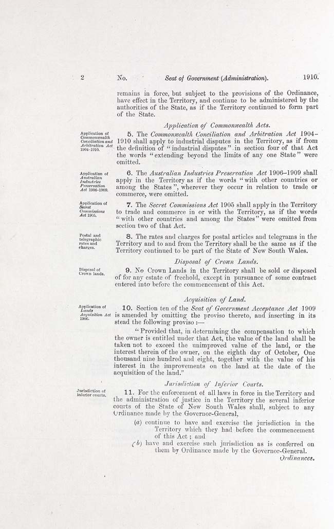 Seat of Government (Administration) Act 1910 (Cth), p2
