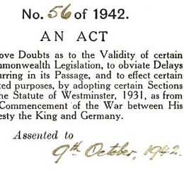 Detail from the cover of the Statute of Westminster Adoption Act 1942 (Cth).
