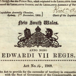 Detail from the title page of the Seat of Government Surrender Act 1909 (NSW).