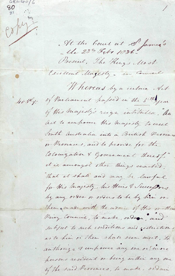 Order-in-Council Establishing Government 23 February 1836 (UK), p1