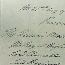 This detail of the first page of the Order-in-Council changing the name to Tasmania 21 July 1855 (UK) lists the names of those present.