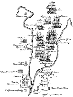 Sketch map showing the First Fleet at anchor in Sydney Cove