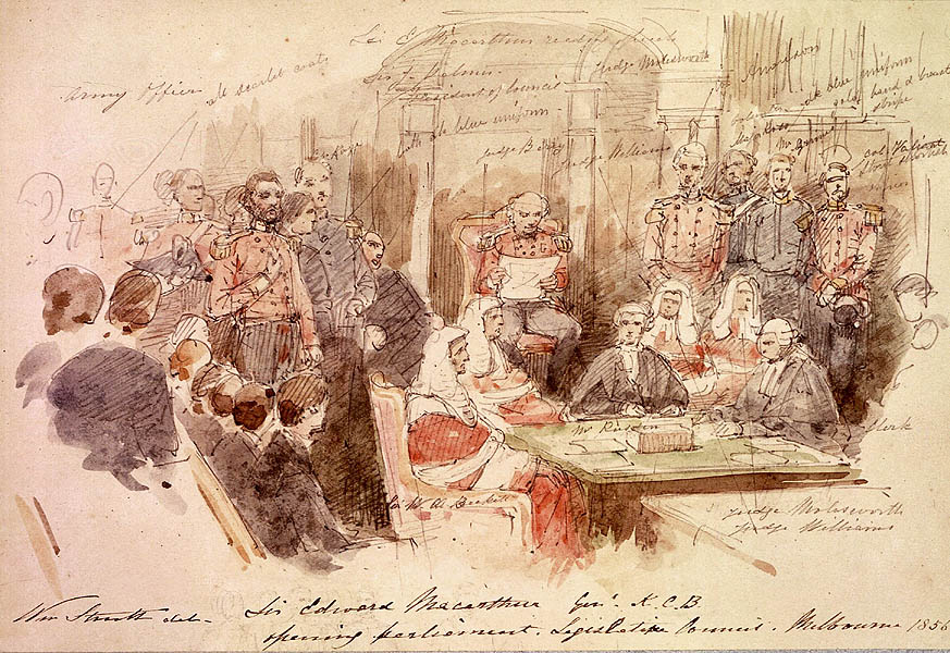 Artist William Strutt's sketch of the opening of the first Parliament of Victoria